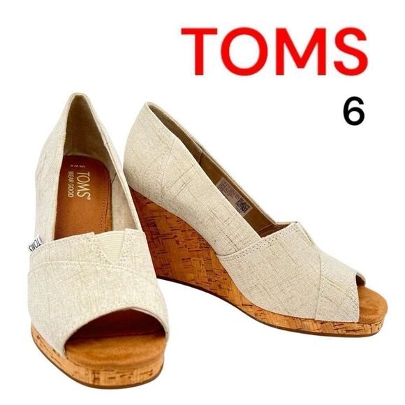 TOMS Classic Wedge Sandal - Women's 6 Taupe Peep Toe Cork Cloudbound Comfort - Picture 1 of 10